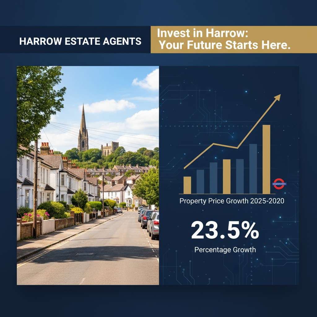 AI-powered property price growth predictions for Harrow London 2025-2030 showing upward trend graph with Harrow skyline and residential properties by EmpireChase real estate agents