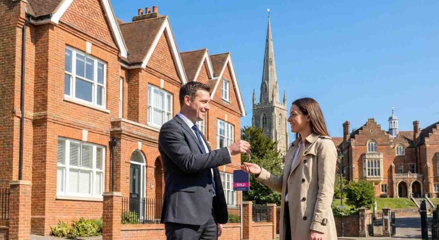 Harrow Landlords Empire Chase letting agent handing over keys to new tenant outside a modern flat in Harrow on the Hill, London, under sunny skies