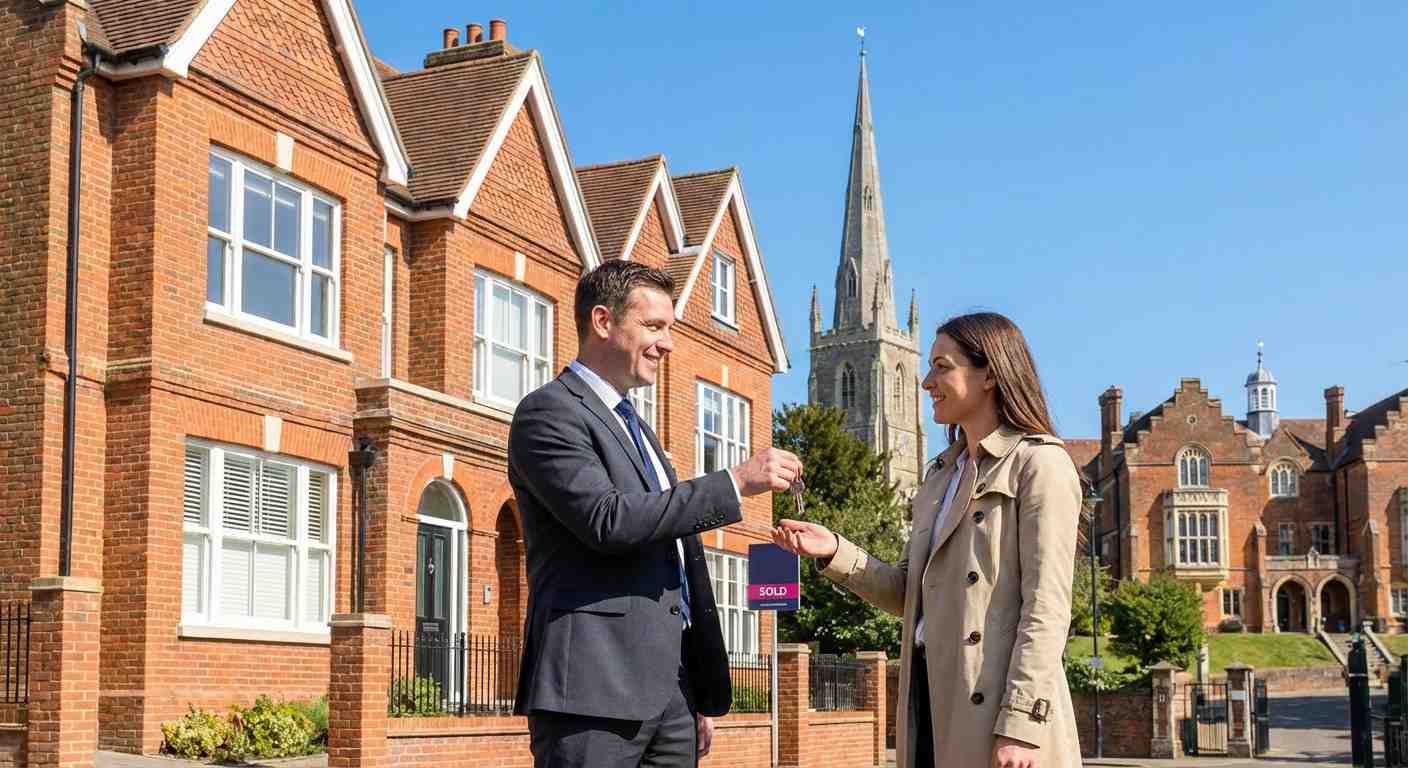 Harrow Landlords Empire Chase letting agent handing over keys to new tenant outside a modern flat in Harrow on the Hill, London, under sunny skies