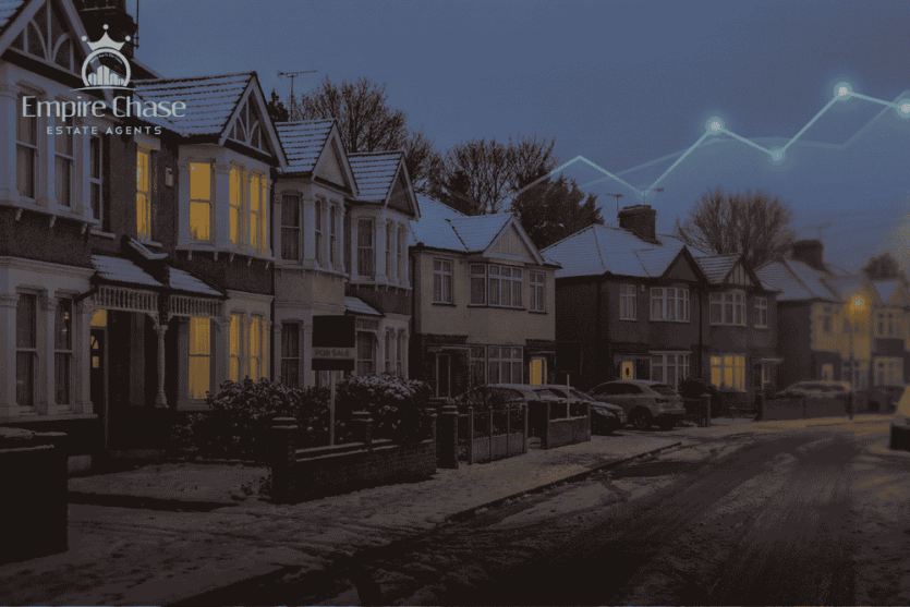 A winter Harrow street scene representing the December 2025 property market, with subtle upward-trend visuals highlighting investment opportunity and local demand.