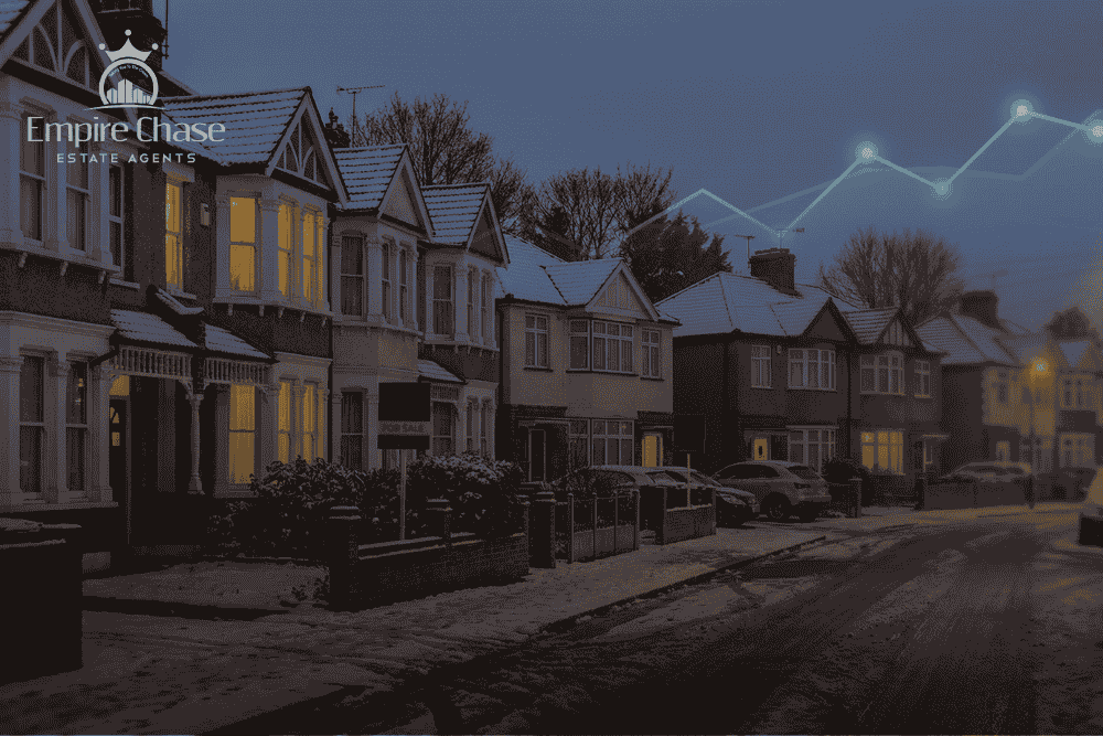 A winter Harrow street scene representing the December 2025 property market, with subtle upward-trend visuals highlighting investment opportunity and local demand.