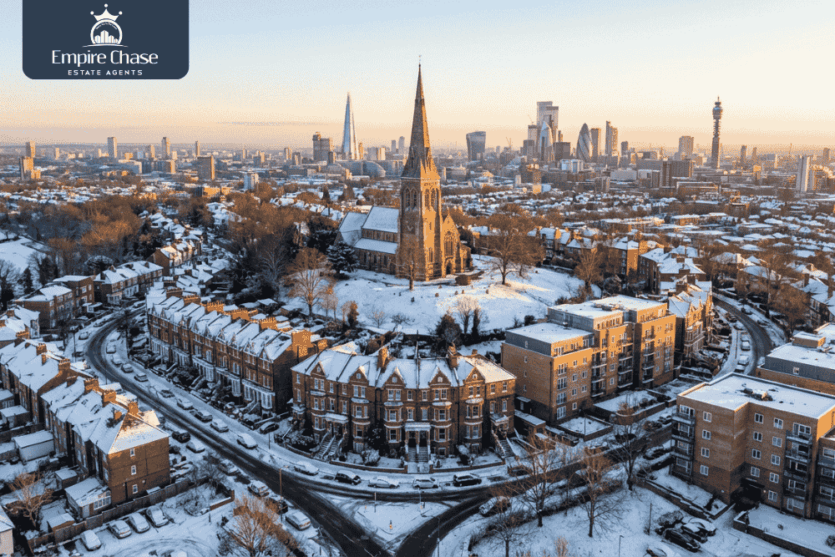 Aerial view of Harrow on the Hill property market showing residential streets and London skyline, representing January 2026 real estate trends