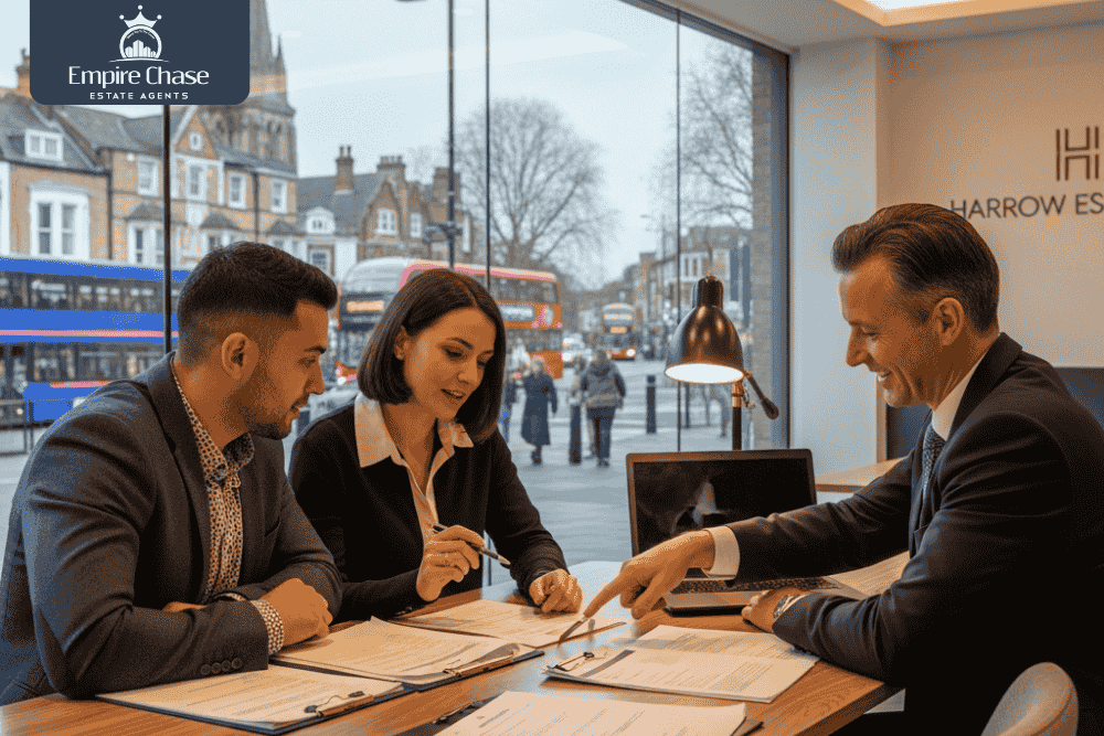 Young couple discussing LISA savings with Empire Chase property advisor in the Harrow office, preparing to buy their first home.