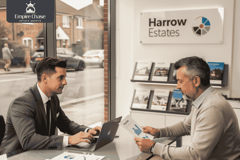Empire Chase letting agent discussing rental yield strategies with Harrow landlord in modern office, showcasing 11.8% rent growth data