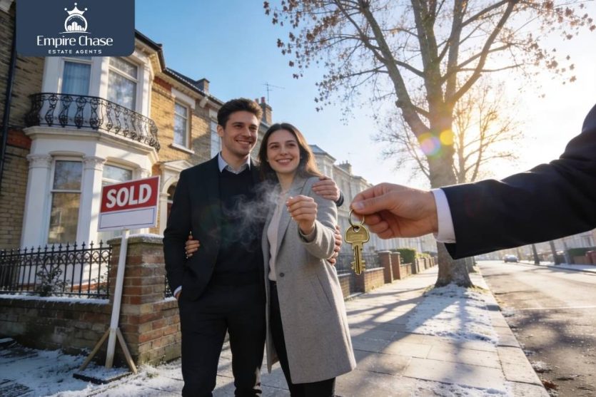 First-time buyers receiving keys to their new Harrow property in 2026, assisted by Empire Chase letting agents outside Victorian terraced home
