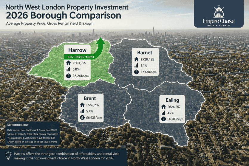Comparison of Harrow, Barnet, Brent and Ealing property values per square metre in 2026, showing Harrow as best value North West London borough, analysed by Empire Chase letting agents
